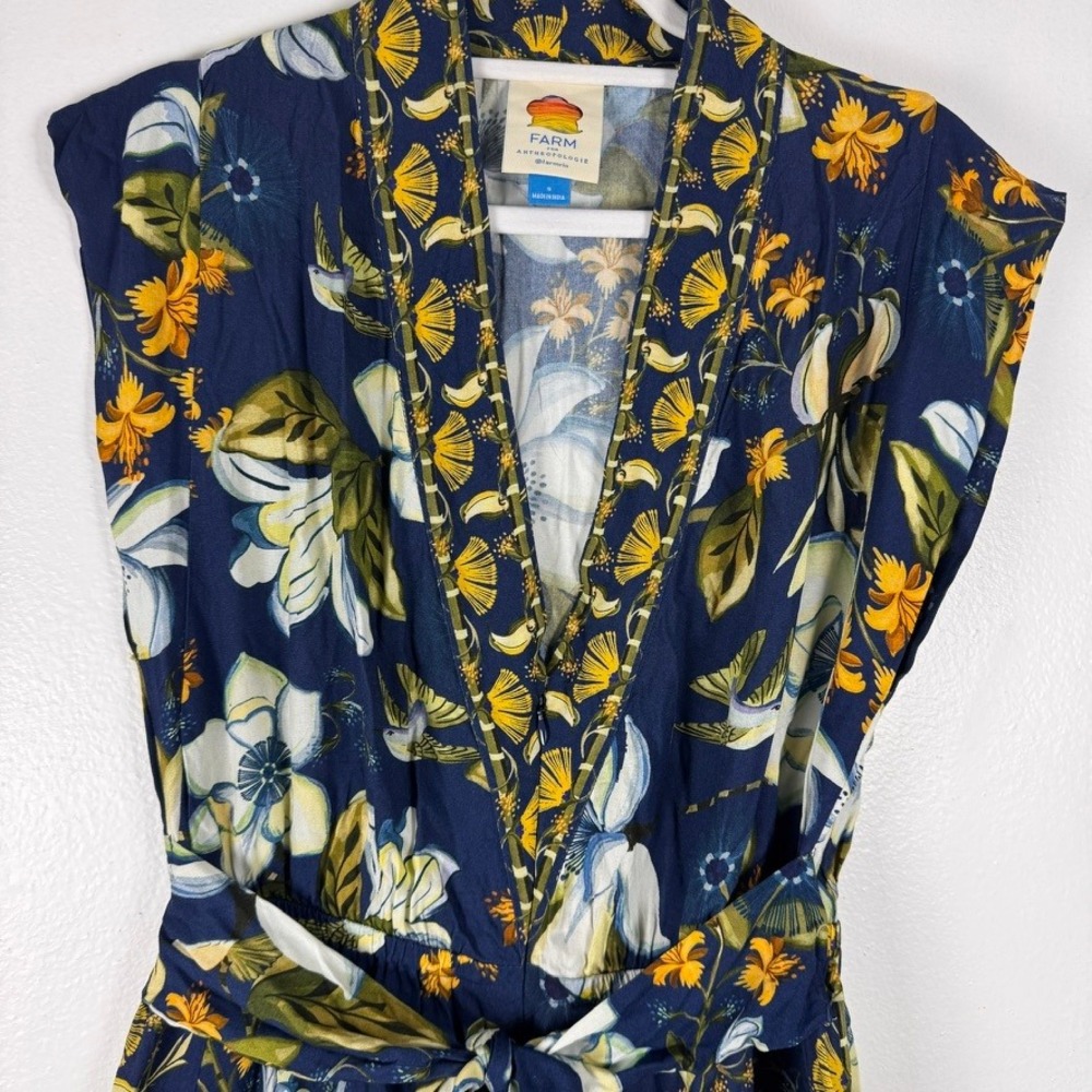 Farm Rio Anthropologie Blue Floral Hummingbird Jumpsuit Sleeveless Small 278875 - Picture 8 of 8